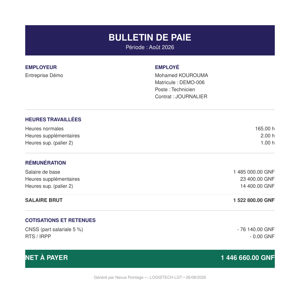Bulletin de paie PDF généré par Nexus Pointage pour un employé de démonstration, avec heures travaillées, salaire brut, cotisations et net à payer détaillés.