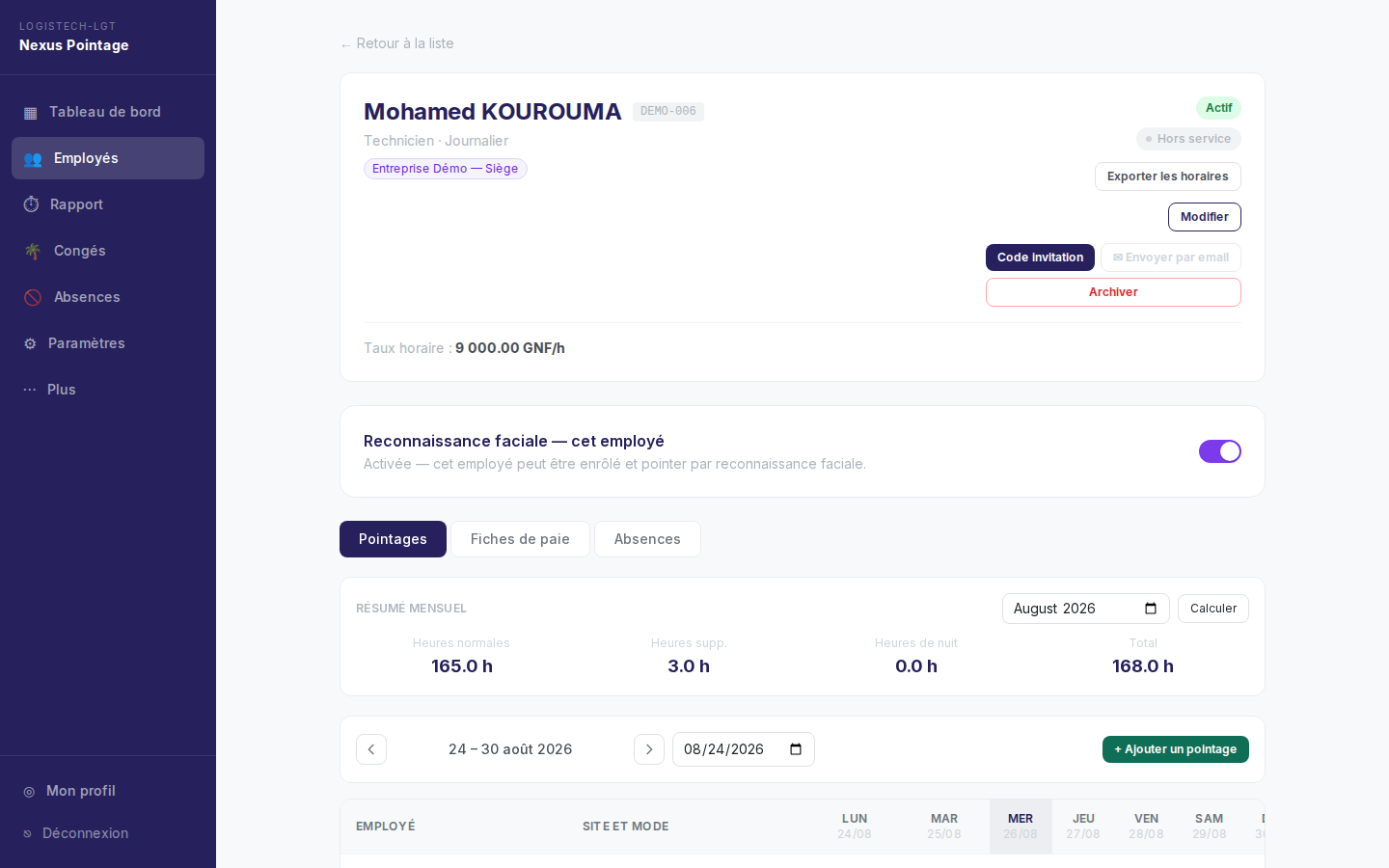 Fiche d'un employé de démonstration dans l'admin Nexus Pointage, avec le réglage « Reconnaissance faciale — cet employé » activé.